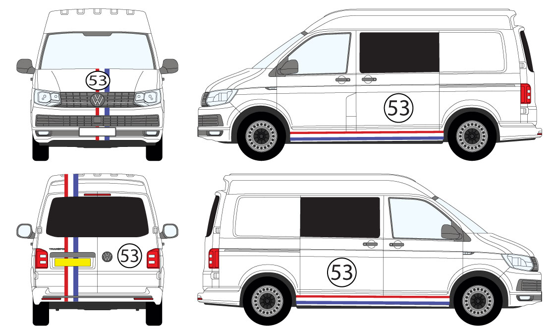 Herbie 53 VW Transporter Decals Kit - Volkswagen Graphics Stripes Full Sticker Set