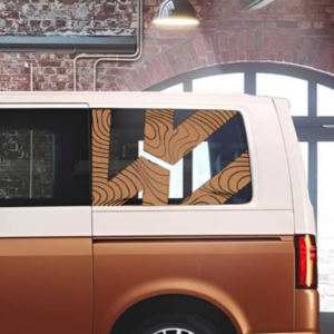 Rear view of a Volkswagen Transporter with unique window decals
