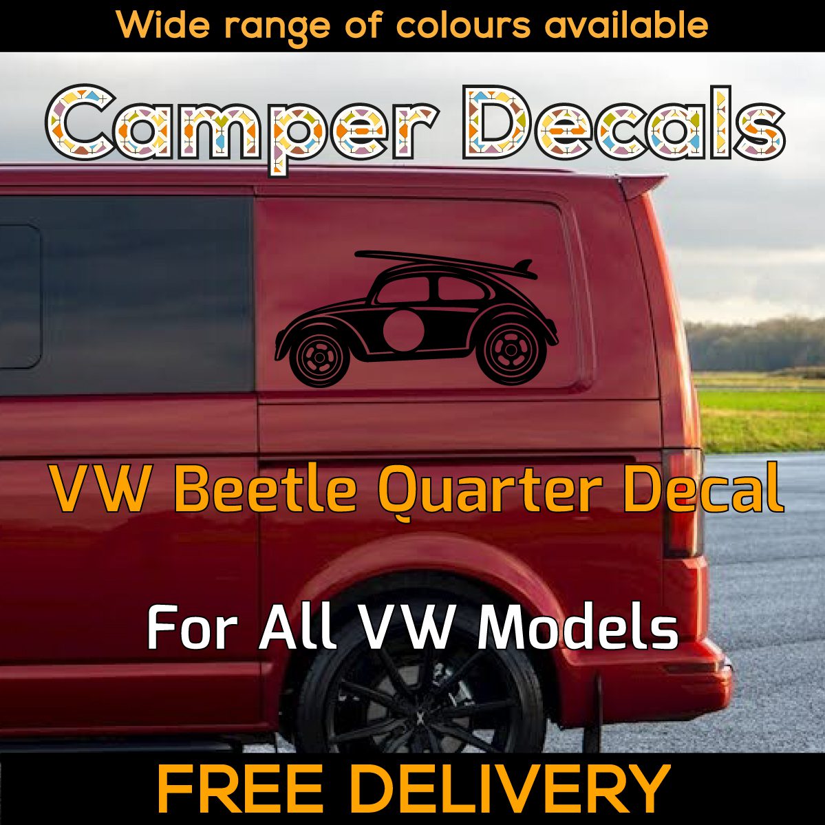 1x Black Volkswagen Beetle Surfboard Quarter Panel Sticker Herbie 53 Dublife Veedub VAG for Transporter Caravelle, 4Motion, Campervans, Motorhomes, Campers, Trailers
