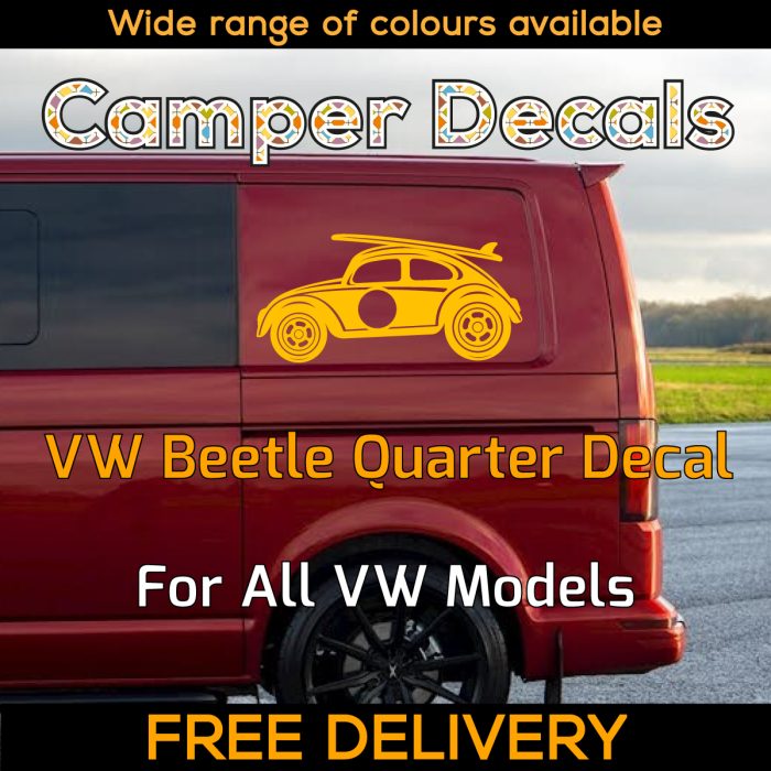 1x Yellow Volkswagen Beetle Surfboard Quarter Panel Sticker Herbie 53 Dublife Veedub VAG for Transporter Caravelle, 4Motion, Campervans, Motorhomes, Campers, Trailers