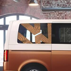 Creative window decal wood effect designs on a Volkswagen Transporter