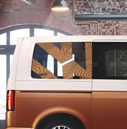 Creative window decal wood effect designs on a Volkswagen Transporter