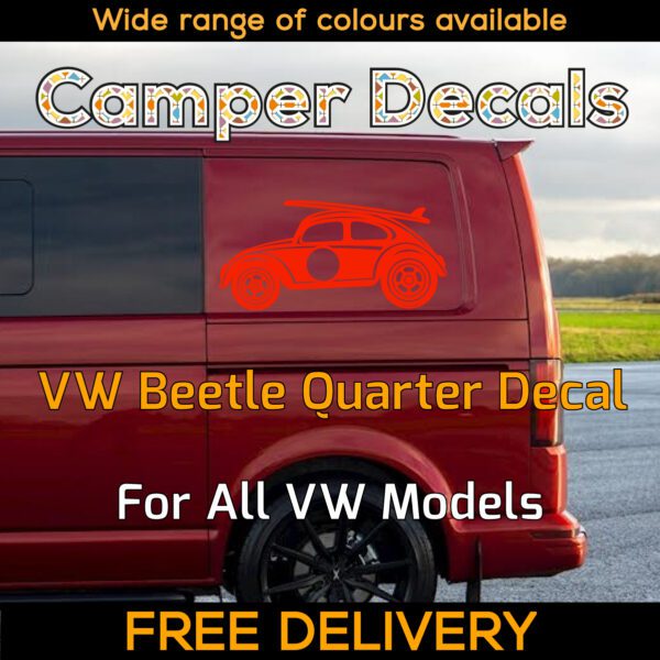 1x Red Volkswagen Beetle Surfboard Quarter Panel Sticker Herbie 53 Dublife Veedub VAG for Transporter Caravelle, 4Motion, Campervans, Motorhomes, Campers, Trailers