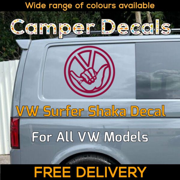 1x Red Volkswagen Surfer Shaka Sign Logo Dublife Veedub VAG for Caravelle, 4Motion, Campervans, Motorhomes, Campers, Trailers