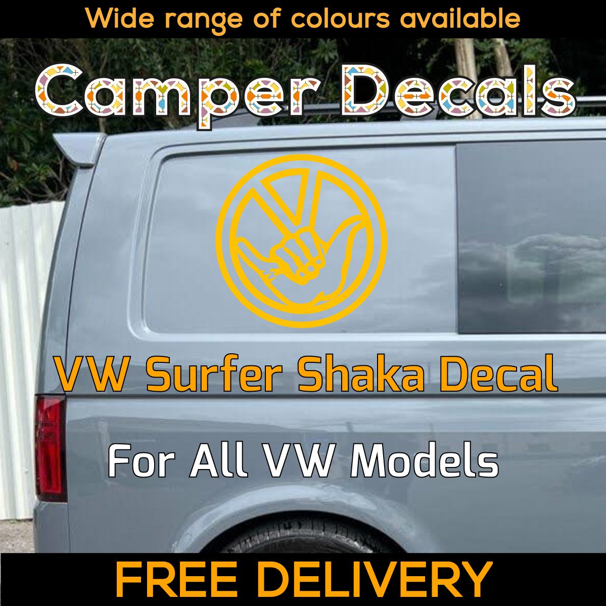 1x Yellow Volkswagen Surfer Shaka Sign Logo Dublife Veedub VAG for Caravelle, 4Motion, Campervans, Motorhomes, Campers, Trailers